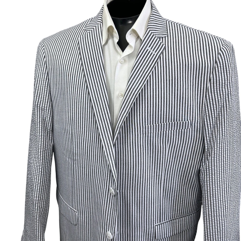 Alain Dupetit Mens Suit 52R 46W Black White Striped Seersucker 2-Piece Slim Fit